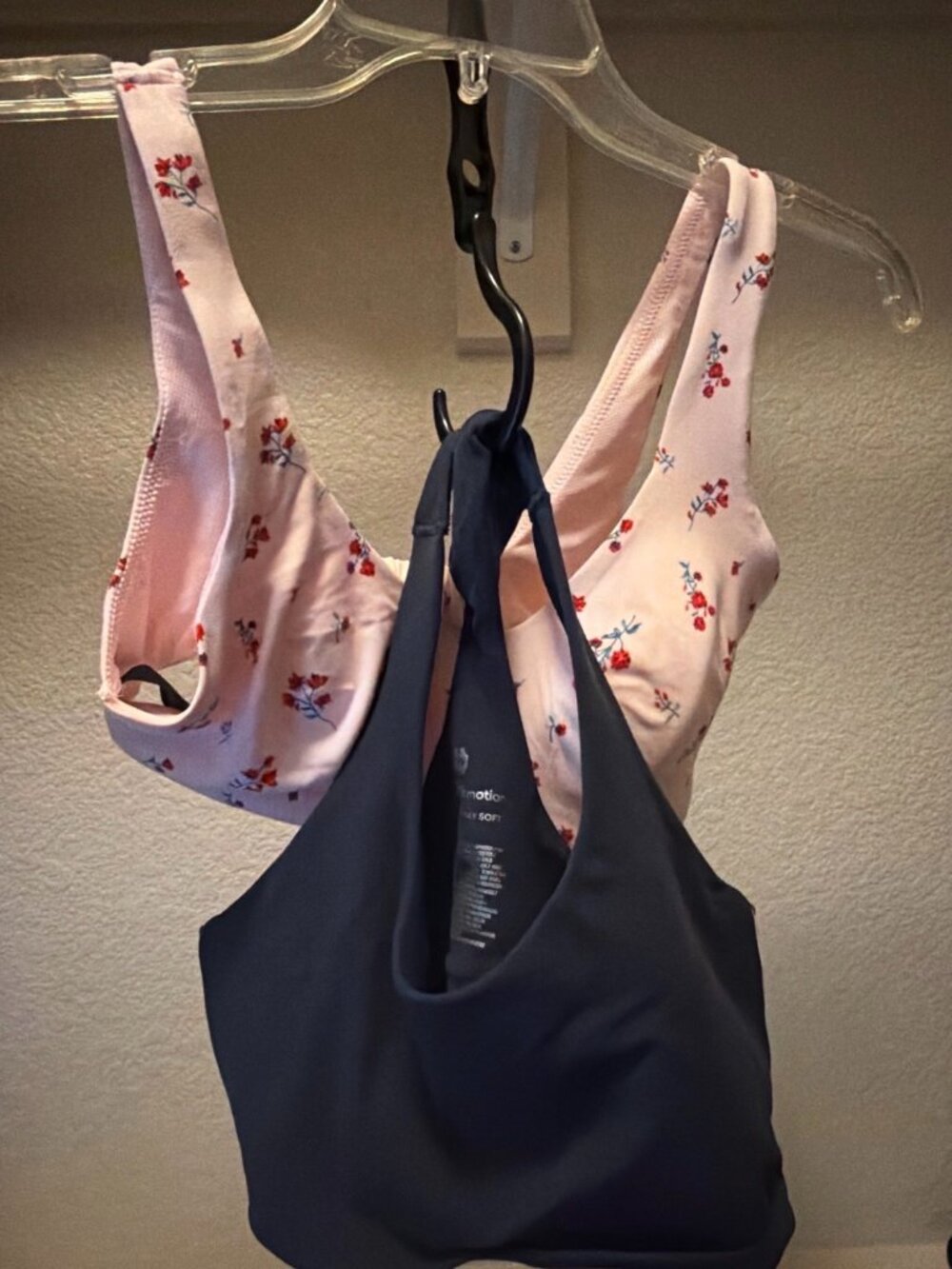 All In Motion Sports Bras Lot of 2 S Blue Stripe & Pink Floral Nylon/Spandex